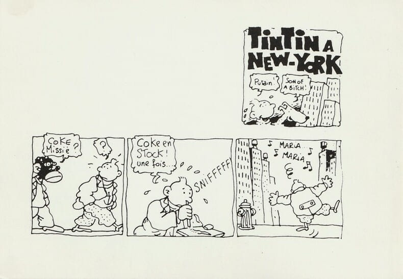 Carte postale parodique en hommage &agrave; Herg&eacute;, de Jacques Tardi, intitul&eacute;e " Tintin &agrave; New-York ".. ( Bandes Dessin&eacute;es Objets Para-BD - Georges R&eacute;mi dit ...