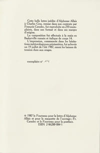 Lettre inédite à Charles Cros sur la Pile Physiologique sans Métaux à deux Liquides, suivie d'un environnement en guise de Postface par François Caradec, contenant " Les Savants Jeunes " et " La Mort de Charles Cros ". ( Tirage unique, limité, à 250 exemplaires numérotés ).