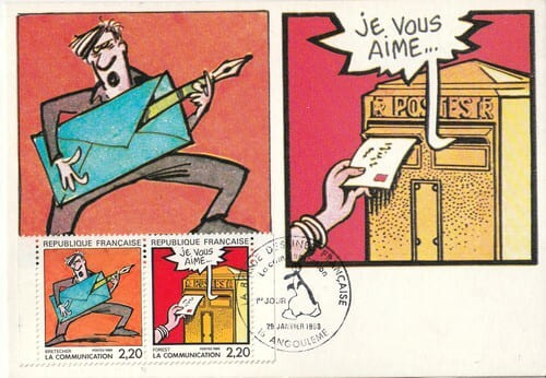 Carte postale Salon International de la Bande Dessin&eacute;e 1988, illustr&eacute;e par Claire Bret&eacute;cher et Jean-Claude Forest, avec 2 timbres des m&ecirc;mes, oblit&eacute;r&eacute;s ...