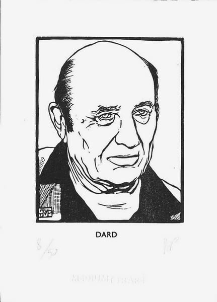 Portrait de Fr&eacute;d&eacute;ric Dard. Gravure originale sur bois, imprim&eacute;e sur papier v&eacute;lin BFK Rives &agrave; bords frang&eacute;s, en tirage unique &agrave; 50 exemplaires, ...