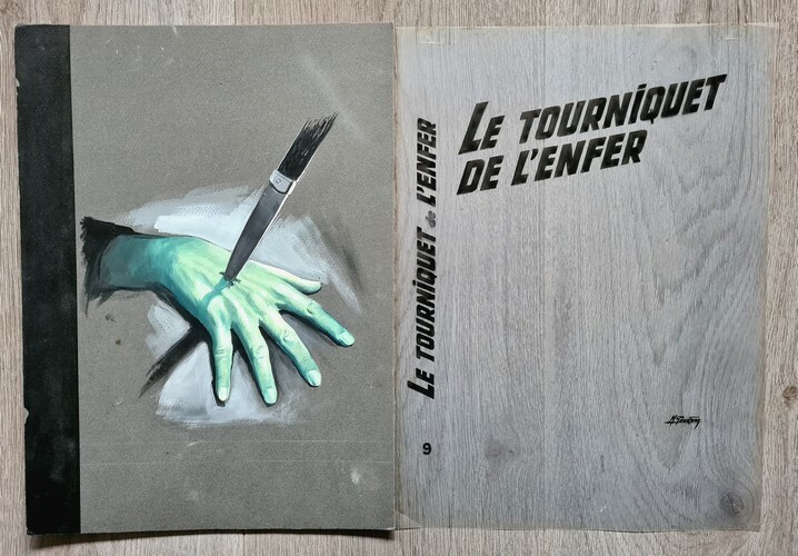 Magnifique Gouache originale, signée, réalisée par Michel Gourdon pour le livre " Le Tourniquet de l'Enfer " publié par les éditions Fleuve Noir dans ...
