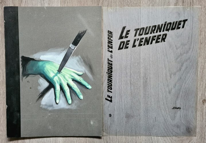 Magnifique Gouache originale, sign&eacute;e, r&eacute;alis&eacute;e par Michel Gourdon pour le livre " Le Tourniquet de l'Enfer " publi&eacute; par les &eacute;ditions Fleuve Noir dans ...