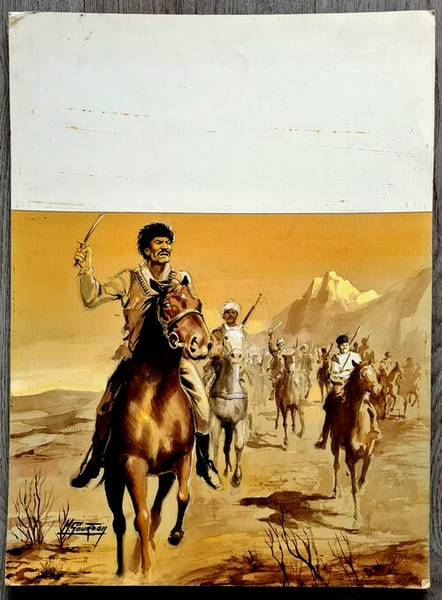 Magnifique Gouache originale, sign&eacute;e, r&eacute;alis&eacute;e par Michel Gourdon pour le livre " Les Soldats et les Dieux " publi&eacute; par les &eacute;ditions Fleuve Noir dans ...