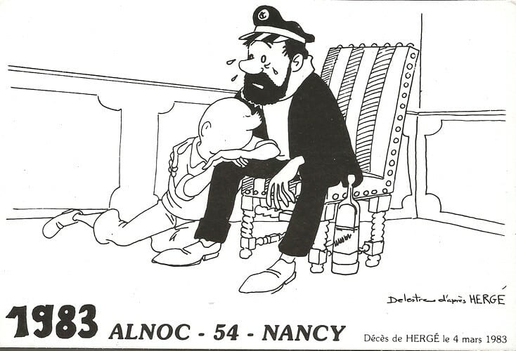Carte Postale illustr&eacute;e par Philippe Delestre, sp&eacute;cialement &eacute;dit&eacute;e &agrave; 3000 exemplaires num&eacute;rot&eacute;s, pour la mort de Herg&eacute; en 1983.. ( Bandes Dessin&eacute;es ) ...