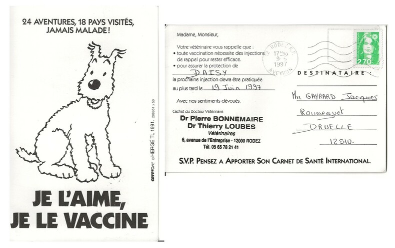 Carte Postale illustrée par Hergé de 1991, pour la vaccination animale.. ( Bandes Dessinées - Publicité ) - Georges Rémi dit Hergé - Tintin.