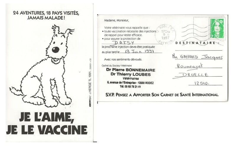 Carte Postale illustr&eacute;e par Herg&eacute; de 1991, pour la vaccination animale.. ( Bandes Dessin&eacute;es - Publicit&eacute; ) - Georges R&eacute;mi dit Herg&eacute; - Tintin.