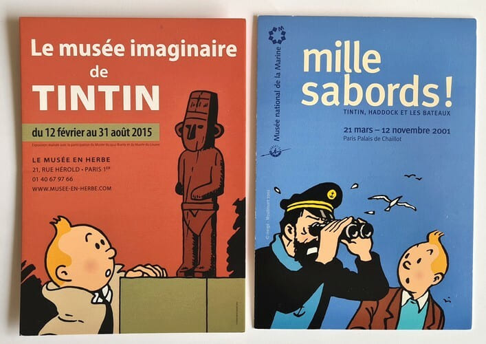 Lot de deux Cartes Postales illustr&eacute;es par Herg&eacute; pour les expositions de 2001 " Mille Sabords, Tintin, Haddock et les Bateaux " et de 2015 " Le Mus&eacute;e ...