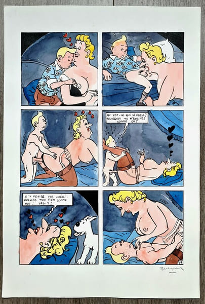 Magnifique planche originale en couleurs, sign&eacute;e, r&eacute;alis&eacute; par Jan Bucquoy pour sa BD parodique : La Vie Sexuelle de Tintin, d'apr&egrave;s Herg&eacute;.. ( Bandes ...
