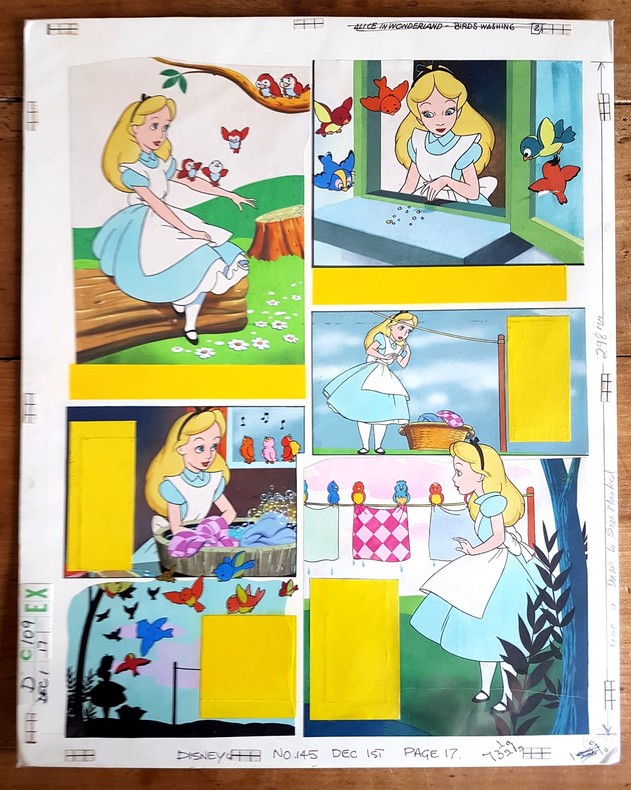 Magnifique planche originale encre de chine & gouache intitulée " Alice in Wonderland - Birds washing " / ( Alice au pays des Merveilles ) . ( Bandes ...