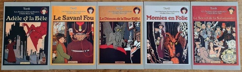 Lot de 5 cartes postales, illustrées par Jacques Tardi, reprenant les couvertures des 5 premiers albums de la série Adèle Blanc-Sec : Adèle et la Bête ...