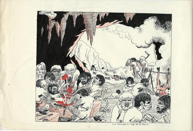 Superbe dessin original de Lucien Logé intitulé " La Chirurgie à l'âge de pierre ". Encre et gouache.. ( Dessins Originaux ) - Lucien Logé.