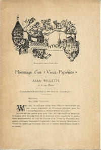 Hommage d'un " Vieux-Papiériste " à Adolphe Willette et à son oeuvre + Menu illustré par Maurice–Louis Henri Neumont pour la Société Archéologique, Historique et Artistique " Le Vieux Papier ", en date du 16 mars 1926.