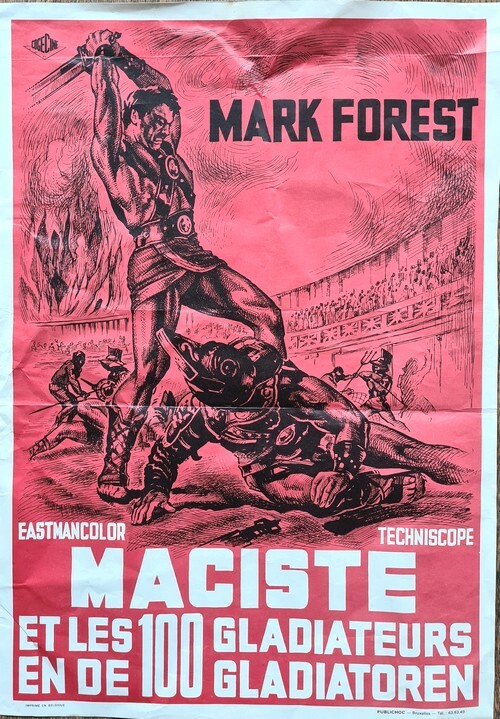 Rare affichette originale belge, d'exploitation en salles, pour le film Maciste et les 100 Gladiateurs / Maciste en de 100 Gladiatoren.. ( Cinéma - ...