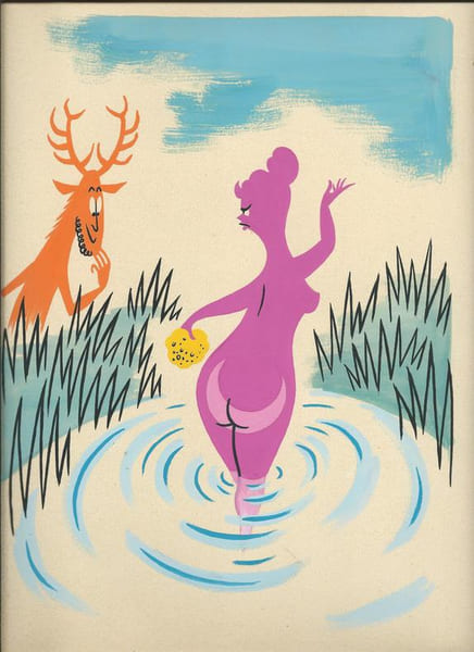 Superbe gouache originale de Lucien Log&eacute; intitul&eacute; " Diane et Act&eacute;on ". . ( Dessins Originaux ) - Lucien Log&eacute;.
