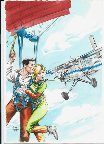 Bob Morane. Couverture originale, par Frank Leclercq, sign&eacute;e, &agrave; la gouache pour le roman hors commerce n&deg; 37 de 2014 " Le M&eacute;daillon &agrave; la Salamandre ...