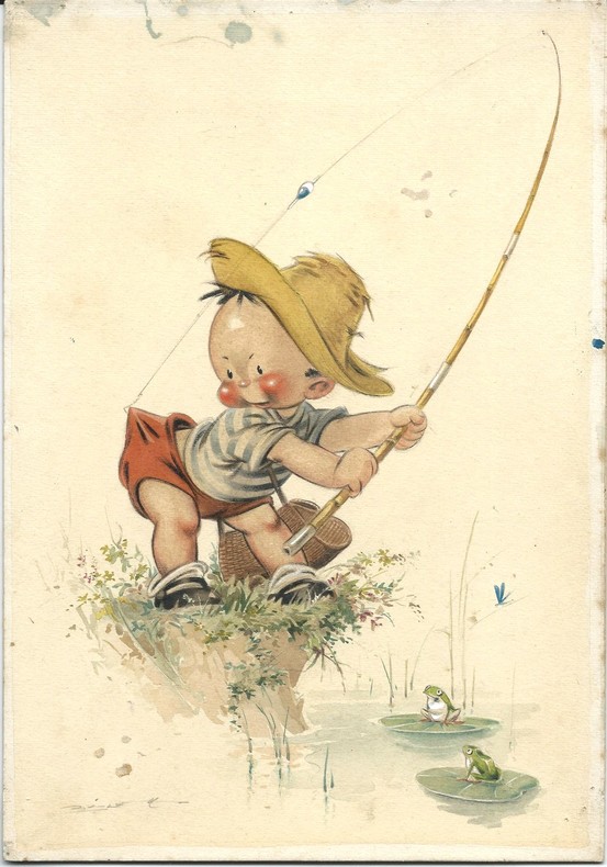 Gouache originale, signée réalisée par un artiste non identifié, pour une carte postale humoristique sur le thème de la pêche.. ( Pêche - Humour - ...