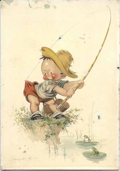 Gouache originale, sign&eacute;e r&eacute;alis&eacute;e par un artiste non identifi&eacute;, pour une carte postale humoristique sur le th&egrave;me de la p&ecirc;che.. ( P&ecirc;che - Humour - ...