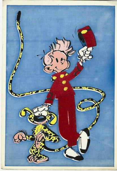 Lot 2 cartes postales de Andr&eacute; Franquin : Spirou en feutrine avec le Marsupilami + Gaston, " Le Monde de Franquin ".. ( Bandes Dessin&eacute;es ) - Andr&eacute; ...