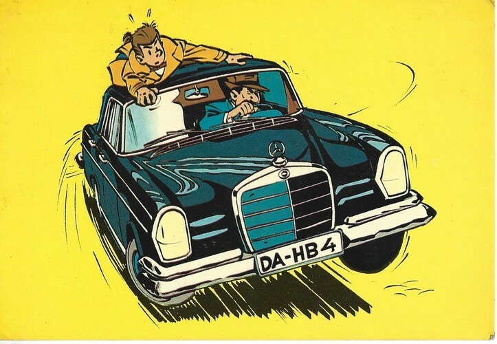 Carte postale de Maurice Tillieux, Gil Jourdan sur le toit d'une voiture Mercedes, extrait de l'album " Chaud et Froid " de 1969.. ( Bandes Dessinées ...
