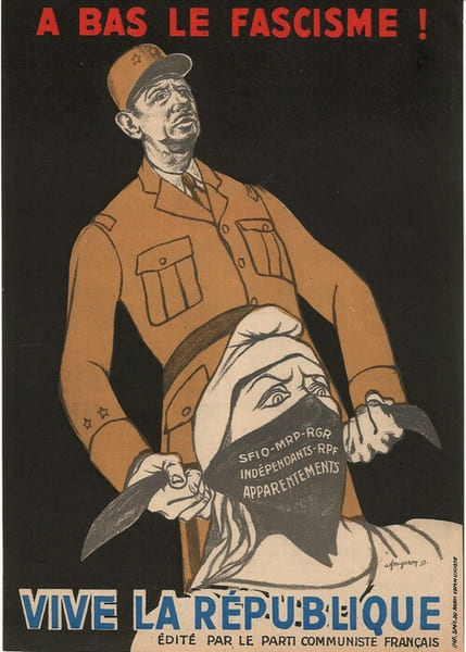 Magnifique affichette &eacute;dit&eacute; par le Parti Communiste Fran&ccedil;ais, contre le G&eacute;n&eacute;ral de Gaulle, illustr&eacute;e en lithographie par Andr&eacute; Fougeron et intitul&eacute;e : ...