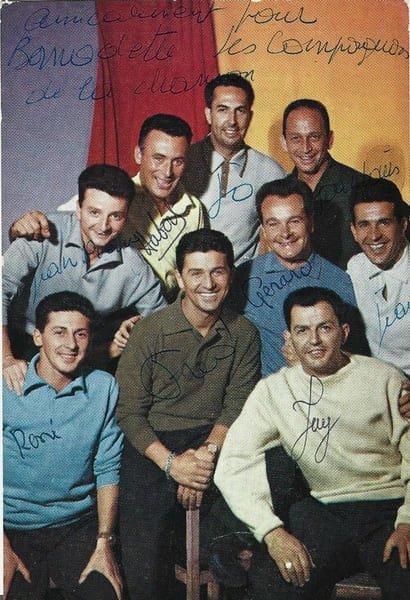 Carte Postale Path&eacute; Marconi / Columbia sign&eacute;e par tous les Compagnons de la Chanson : Fred Mella, Jo Frachon, Jean Broussolle, Jean-Pierre Calvet, ...