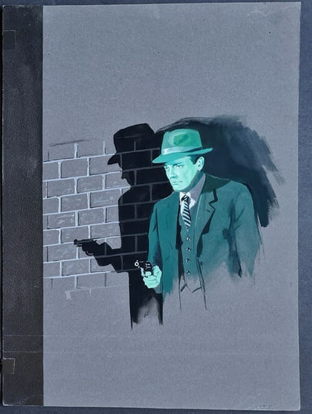 Magnifique Gouache originale, sign&eacute;e, r&eacute;alis&eacute;e par Michel Gourdon pour le livre " Qui tire le premier " publi&eacute; par les &eacute;ditions Fleuve Noir dans la ...