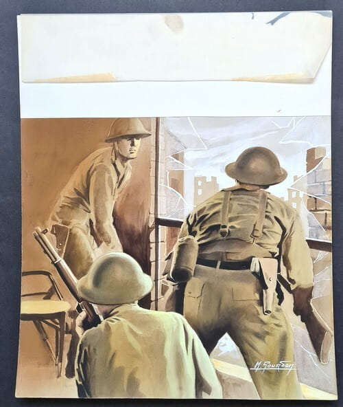 Magnifique Gouache originale, sign&eacute;e, r&eacute;alis&eacute;e par Michel Gourdon pour le livre " Le Pont de Nim&egrave;gue " publi&eacute; par les &eacute;ditions Fleuve Noir dans la ...