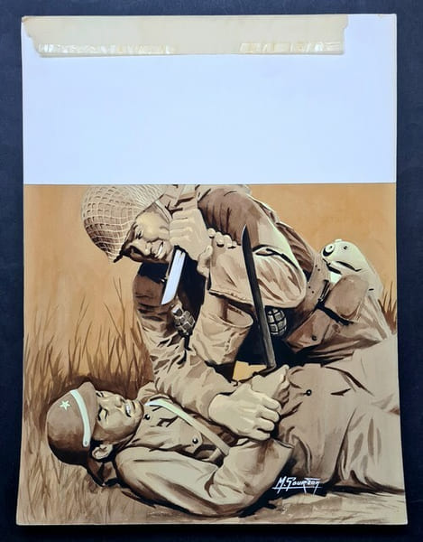 Magnifique Gouache originale, sign&eacute;e, r&eacute;alis&eacute;e par Michel Gourdon pour le livre " La Piste Rouge de KoKoDa " publi&eacute; par les &eacute;ditions Fleuve Noir dans ...
