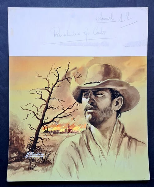 Magnifique Gouache originale, sign&eacute;e, r&eacute;alis&eacute;e par Michel Gourdon pour le livre " Les Feux de la Sierra " publi&eacute; par les &eacute;ditions Fleuve Noir dans la ...