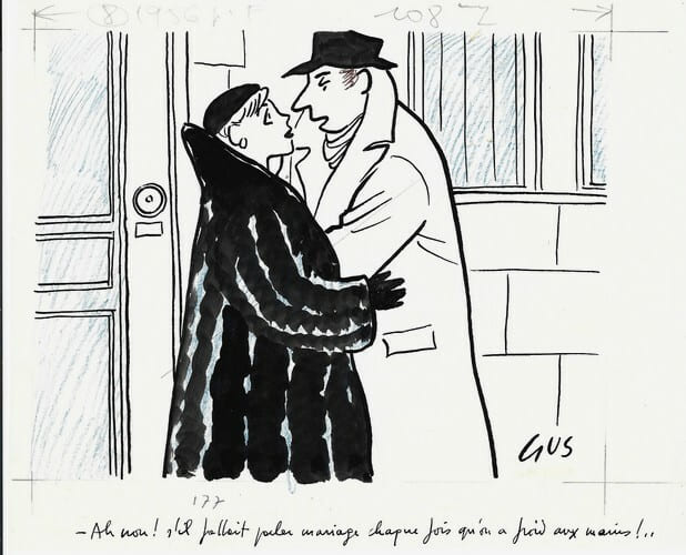 Superbe dessin original de presse par Gustave Elrich, dit Gus, sign&eacute;. Encre de chine et crayon de couleur bleue, sur papier.. ( Dessin d'Humour et de ...