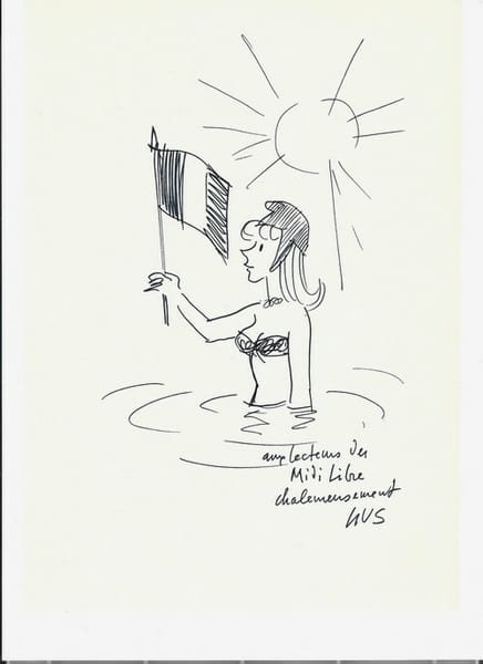 Superbe dessin original de presse par Gustave Elrich, dit Gus, sign&eacute;. Feutre sur papier.. ( Dessin d'Humour et de Presse ) - Gustave Elrich, dit Gus.