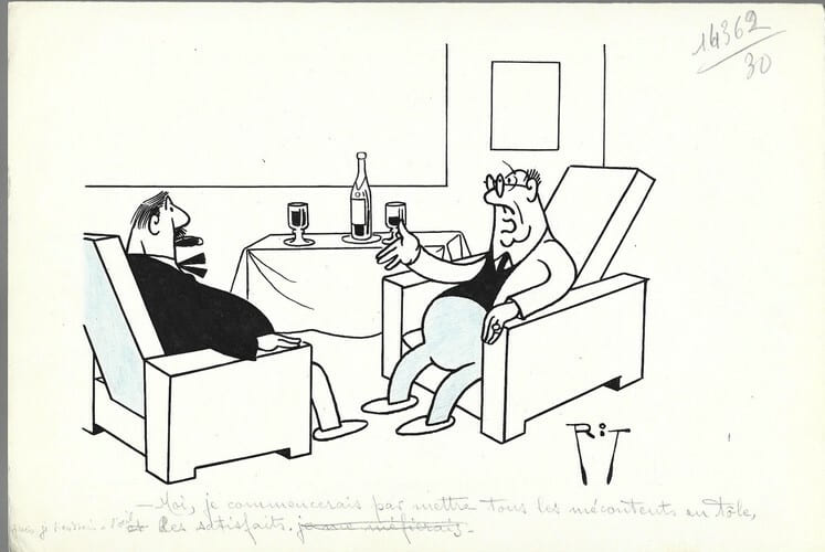 Superbe dessin original de presse par Gaston Fritz dit Rit, sign&eacute;. Encre de chine et crayon de couleur bleu, sur papier.. ( Dessin d'Humour et de ...