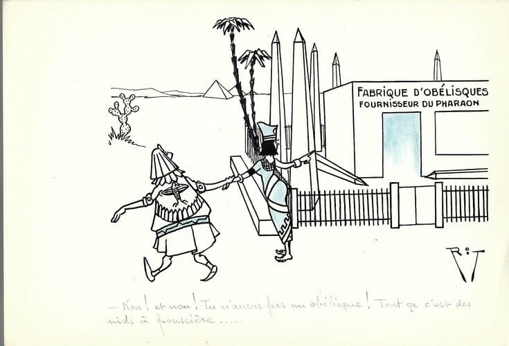 Superbe dessin original de presse par Gaston Fritz dit Rit, sign&eacute;. Encre de chine et crayon de couleur bleu, sur papier.. ( Dessin d'Humour et de ...