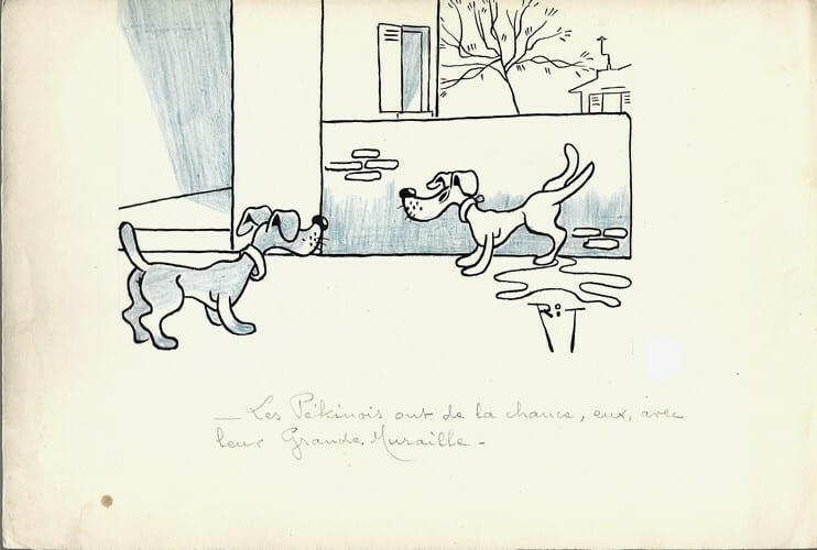 Superbe dessin original de presse par Gaston Fritz dit Rit, sign&eacute;. Encre de chine et crayon de couleur bleu, sur papier.. ( Dessin d'Humour et de ...
