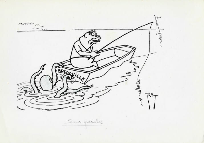 Superbe dessin original de presse par Gaston Fritz dit Rit, sign&eacute;. Encre de chine et crayon de couleur bleu, sur papier.. ( Dessin d'Humour et de ...
