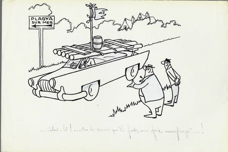 Superbe dessin original de presse par Gaston Fritz dit Rit, sign&eacute;. Encre de chine et crayon de couleur bleu, sur papier.. ( Dessin d'Humour et de ...