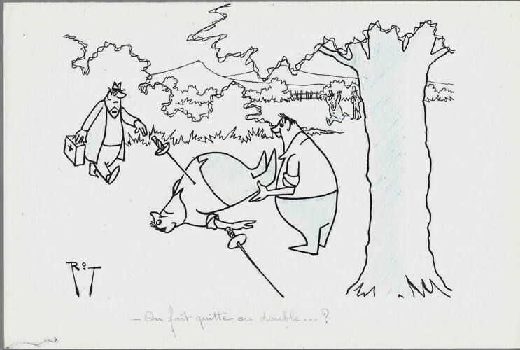 Superbe dessin original de presse par Gaston Fritz dit Rit, sign&eacute;. Encre de chine et crayon de couleur bleu, sur papier.. ( Dessin d'Humour et de ...