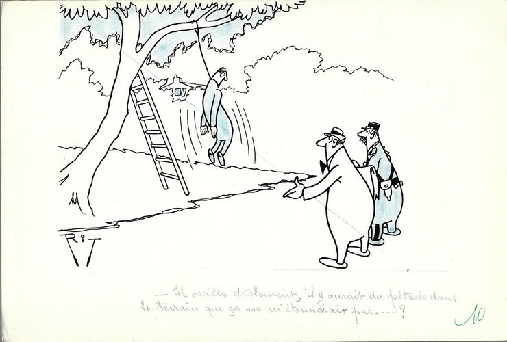 Superbe dessin original de presse par Gaston Fritz dit Rit, signé. Encre de chine et crayon de couleur bleu, sur papier.. ( Dessin d'Humour et de ...