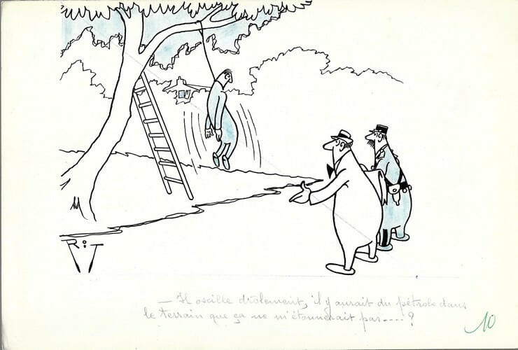 Superbe dessin original de presse par Gaston Fritz dit Rit, sign&eacute;. Encre de chine et crayon de couleur bleu, sur papier.. ( Dessin d'Humour et de ...