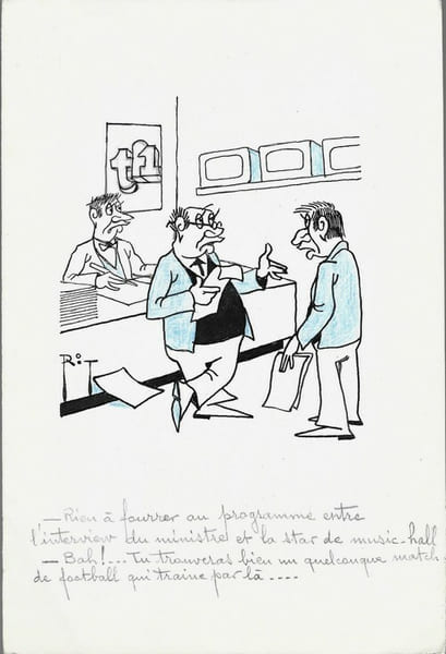 Superbe dessin original de presse par Gaston Fritz dit Rit, sign&eacute;. Encre de chine et crayon de couleur bleu, sur papier.. ( Dessin d'Humour et de ...