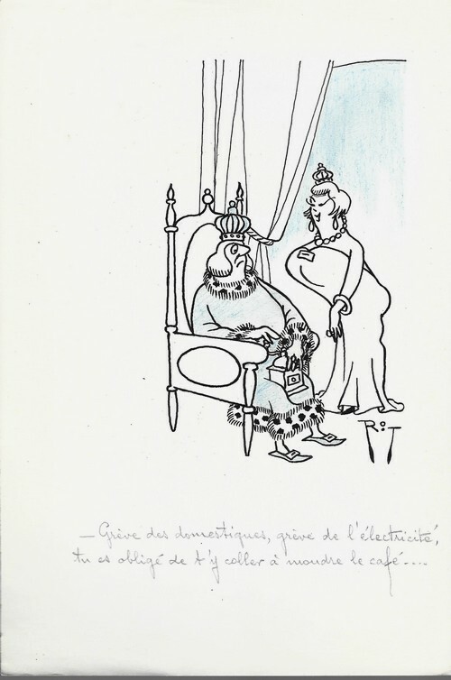 Superbe dessin original de presse par Gaston Fritz dit Rit, signé. Encre de chine et crayon de couleur bleu, sur papier.. ( Dessin d'Humour et de ...