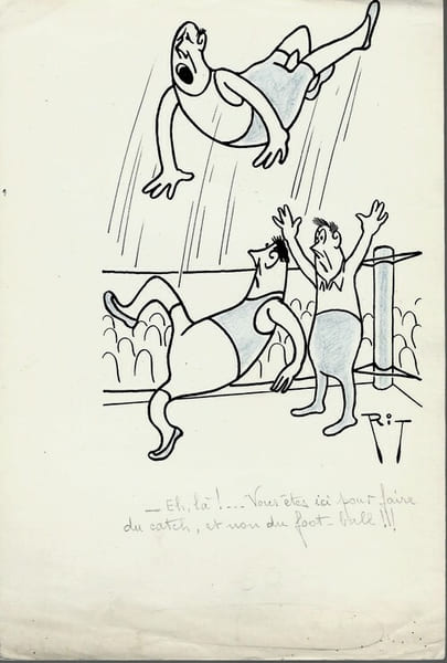 Superbe dessin original de presse par Gaston Fritz dit Rit, sign&eacute;. Encre de chine et crayon de couleur bleu, sur papier.. ( Dessin d'Humour et de ...