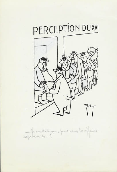 Superbe dessin original de presse par Gaston Fritz dit Rit, sign&eacute;. Encre de chine et crayon de couleur bleu, sur papier.. ( Dessin d'Humour et de ...