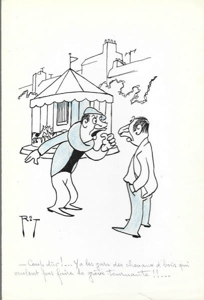 Superbe dessin original de presse par Gaston Fritz dit Rit, sign&eacute;. Encre de chine et crayon de couleur bleu, sur papier.. ( Dessin d'Humour et de ...