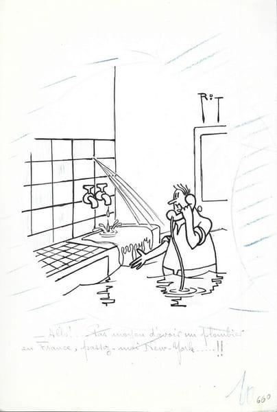 Superbe dessin original de presse par Gaston Fritz dit Rit, sign&eacute;. Encre de chine et crayon de couleur bleu, sur papier.. ( Dessin d'Humour et de ...
