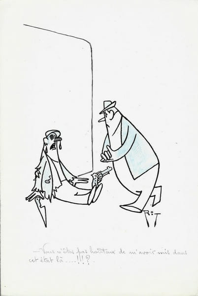 Superbe dessin original de presse par Gaston Fritz dit Rit, sign&eacute;. Encre de chine et crayon de couleur bleu, sur papier.. ( Dessin d'Humour et de ...