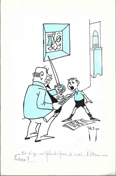 Superbe dessin original de presse par Gaston Fritz dit Rit, sign&eacute;. Encre de chine et crayon de couleur bleu, sur papier.. ( Dessin d'Humour et de ...