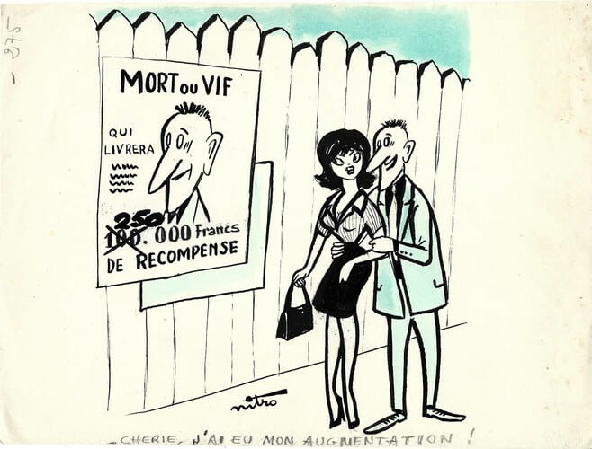 Superbe dessin original de presse par Jean-Paul Annequin dit Nitro, sign&eacute;. Encre de chine et crayon de couleur bleu, sur papier.. ( Dessin d'Humour et ...