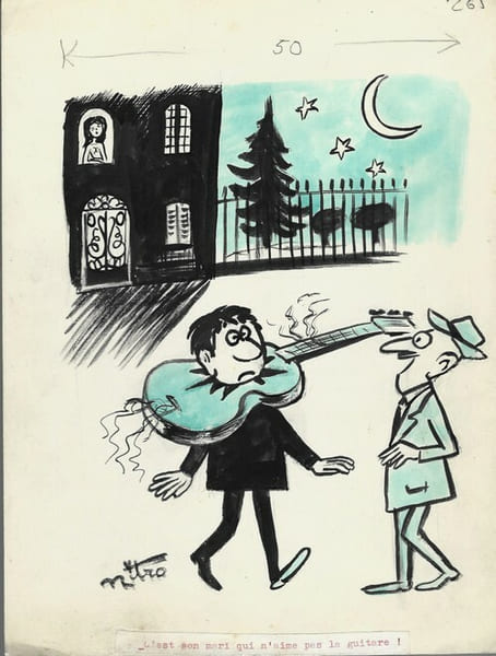 Superbe dessin original de presse par Jean-Paul Annequin dit Nitro, sign&eacute;. Encre de chine et crayon de couleur bleu, sur papier.. ( Dessin d'Humour et ...