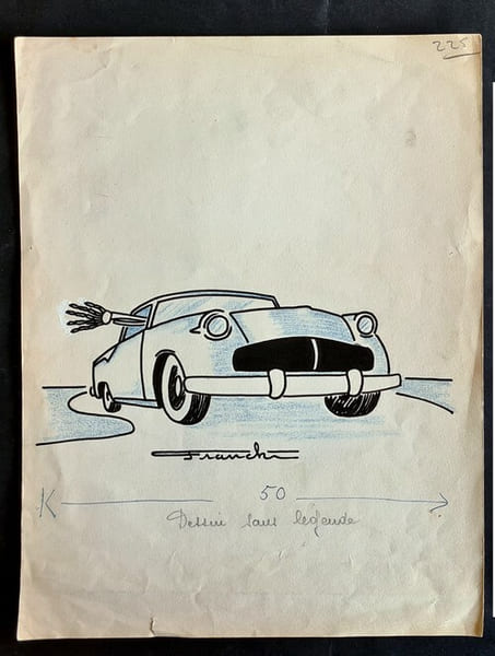 Dessin original de presse anonyme sign&eacute; Franck, sign&eacute;. Encre de chine et crayon de couleur bleu, sur papier.. ( Dessin d'Humour et de Presse ) - ...